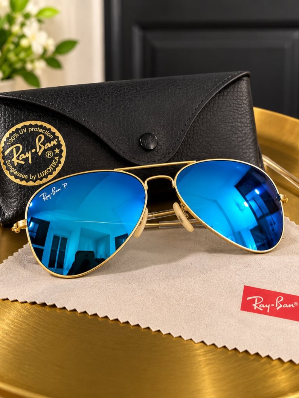 Ray-Ban Gold Aviator Sunglasses Blue Mirrored Lenses + Case